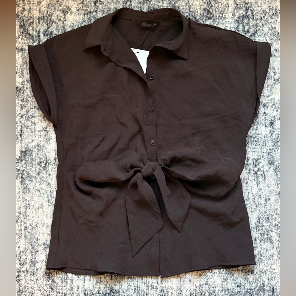 NWT Zara Brown Button-Down Tie-Front Shirt sz XS